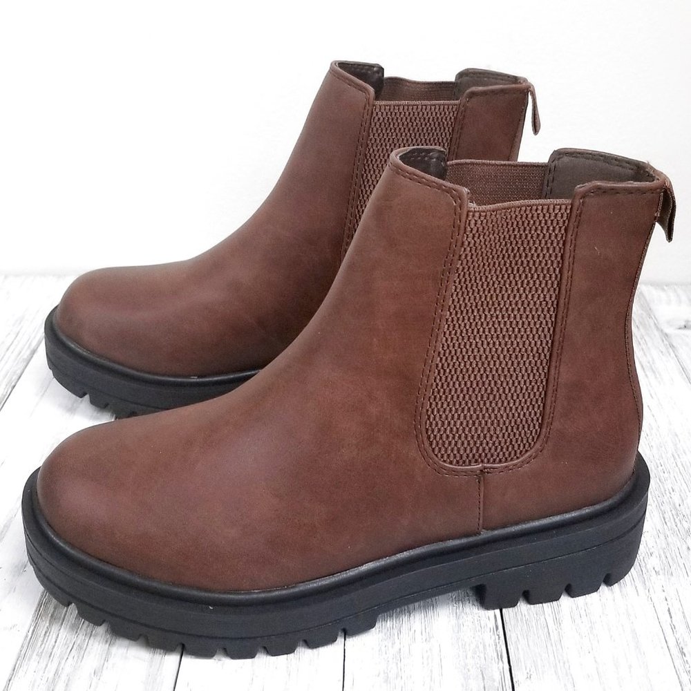New Women Brown Chelsea Elastic Low Platform Combat Boots Ankle Booties